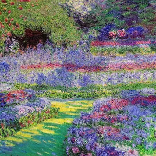 Image similar to a gorgeous garden on the edge of a cliff filled with beautiful flowers of blue and violet and pink from all around the world, monet