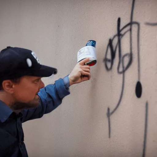 Image similar to bodycam photo of a drunk leonardo dicaprio spraying his graffiti tag in a wall, wide angle, fisheye, uhd, 8 k, bodycam, award winning,