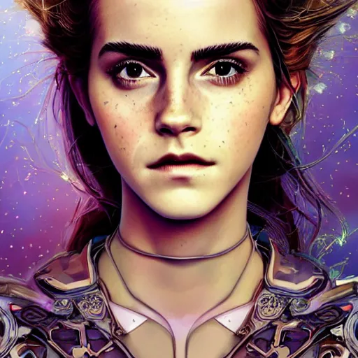 Prompt: emma watson studio portrait of legitimate kind colorful female divine mech paladin transformers absurdly beautiful, elegant, young sexy elegant woman, super fine surreal detailed facial illustration by kim jung gi, iraq nadar, intricate lines, clear focus, vivid colors, matte, octopath voyager, final fantasy, unreal engine highly rendered, global illumination, radiant light, intricate environment