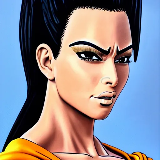 Image similar to ultra realistic portrait painting of kim kardashian as super saiyan, art by akira toriyama, 4 k, dragon ball artstyle, cel shaded, highly detailed, epic lighting