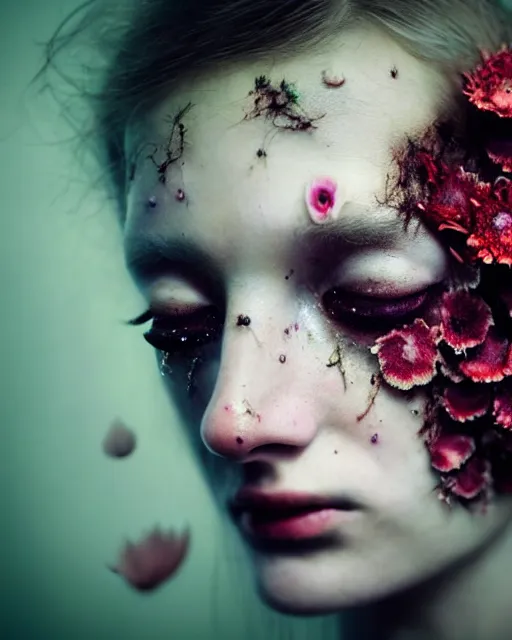 Image similar to a disturbing digital horror arthouse photograph of a beautiful crying woman with flowers moss and fungus growing out of her head and petals dripping from her eyes, intricate, sharp focus, cinematography, highly detailed, octane render, digital horror artwork, matte, photography by professional photographer