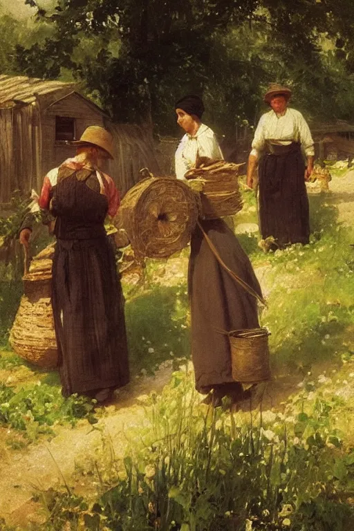 Image similar to simple amish farmers tending to their cottage vegetable gardens, art by anders zorn, wonderful masterpiece by greg rutkowski, beautiful cinematic light, american romanticism thomas lawrence, greg rutkowski