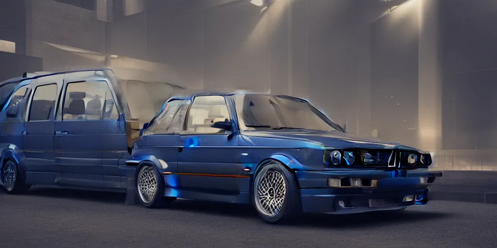 Image similar to a design of a bmw e30, designed by Polestar, blade runner background, iridescent blue car paint, wrapped in gold lead, black windows, dramatic lighting, hyper realistic render, depth of field, 8k, rendered in octane