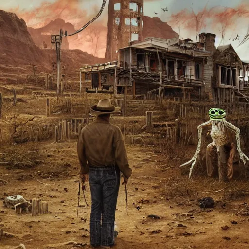 Prompt: a hyperrealistic painting of a westworld ghost town with cowboy pepe the frog teleporting through portals and zombie aliens, apocalyptic desert, cinematic horror by chris cunningham, richard corben, hr giger, highly detailed, vivid color, beksinski painting, part by junji ito and gerhard richter. art by takato yamamoto. masterpiece