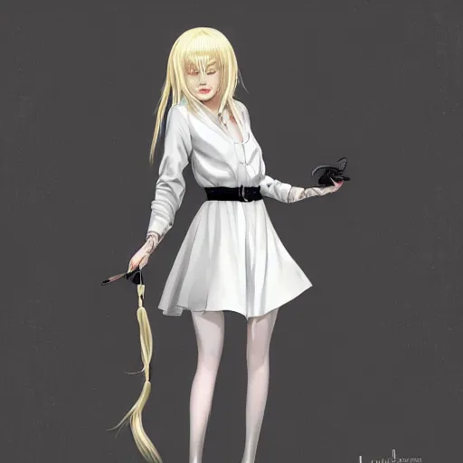 Image similar to Lucius as a beautiful androgynous blond man, white dress shirt and black miniskirt stockings heels, fluffy long curly blond hair, 4k digital illustration by Artgerm, wlop, James Jean, Andrei Riabovitchev, Marc Simonetti, yoshitaka Amano, Artstation, CGsociety