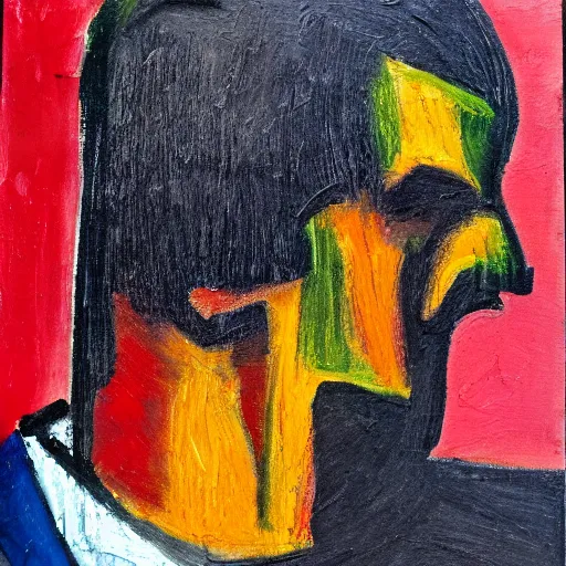 Image similar to an expressionism face portrait of the Gman used with Impasto, dark oranges reds and yellows, note detailed