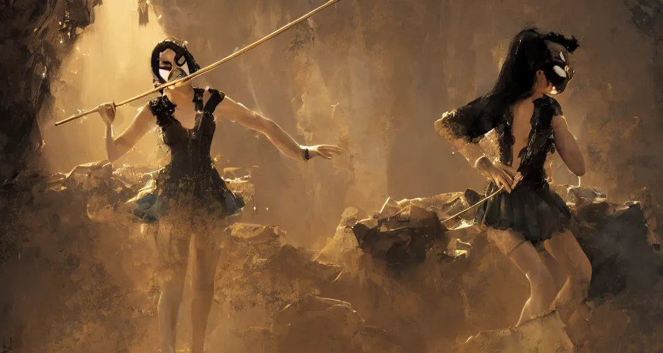 Image similar to craig mullins and ghibli digital art of masked female violinist, exotic costumes, gold jewelry, black hair, theater, large audience, solo on stage unreal engine, hyper realism, realistic shading, cinematic composition, realistic render, octane render, detailed textures, photorealistic, wide shot