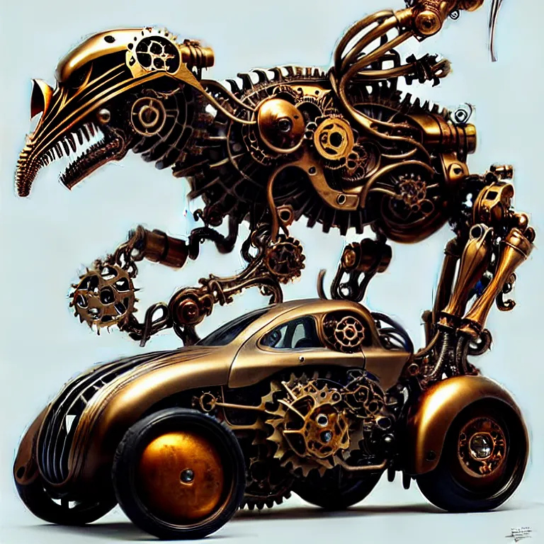 Image similar to biomechanical shiny steampunk vehicle reminiscent of very fast sportscar with robotic parts and (glowing) lights parked in ancient lush palace, gothic and baroque, brutalist architecture, ultradetailed, creepy ambiance, fog, artgerm, giger, Intricate by Ellen Jewett and Josan Gonzalez and Giuseppe Arcimboldo