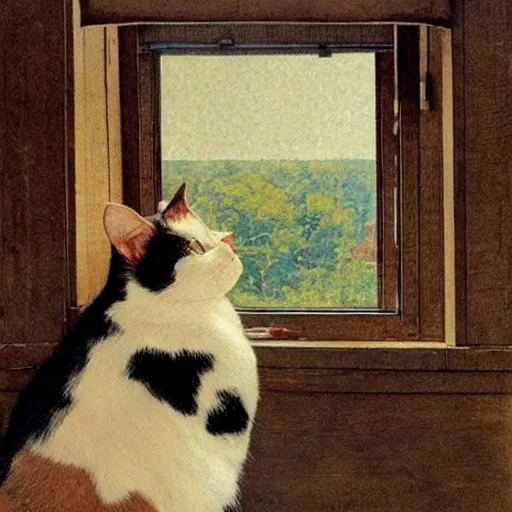 Image similar to A very content calico cat sitting on a wooden table looking out a window, artist is Norman Rockwell,