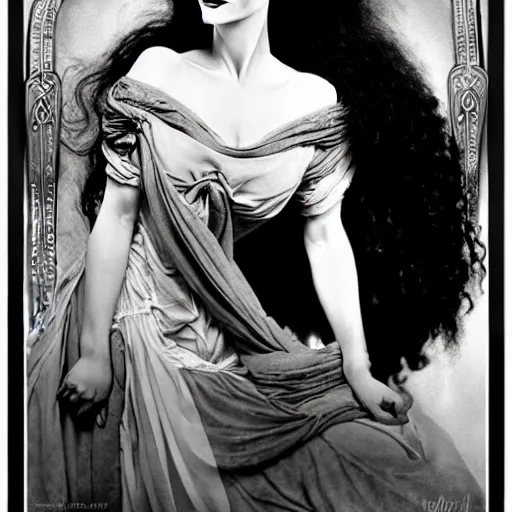 Image similar to a dramatic cinematic portrait photograph of bride of frankenstein influenced by alphonse mucha