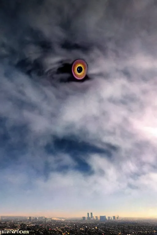 Prompt: giant eyeball!!!!! floating! in the clouds above southern california city