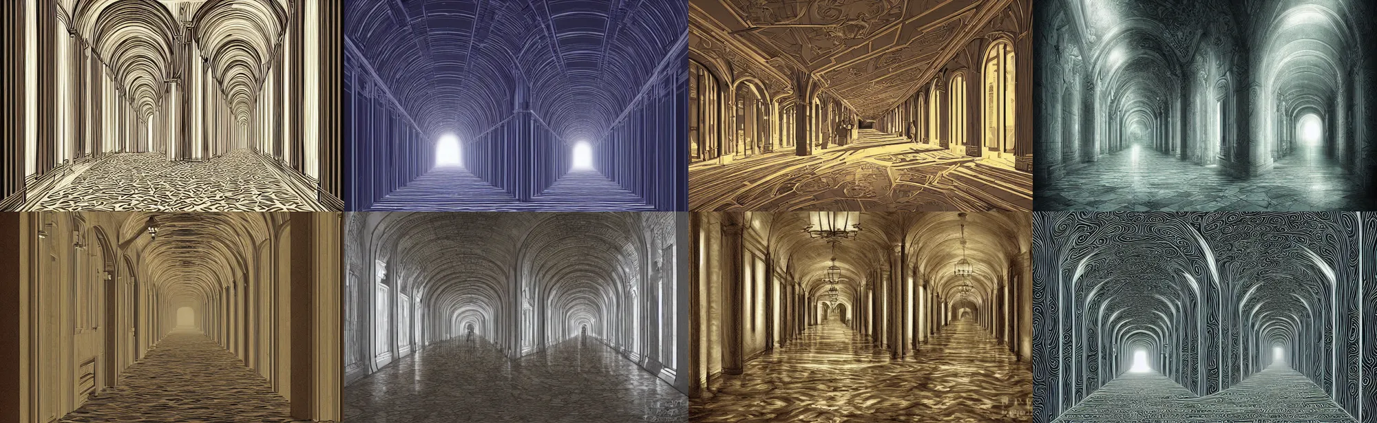 Prompt: truly infinite hallway, beautiful digital art, very high detail