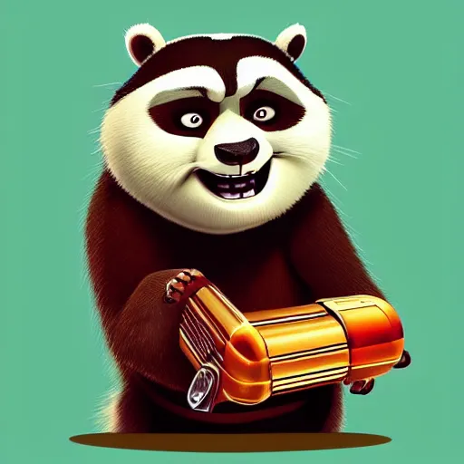 Image similar to “ portrait of a racoon in the style of kung fu panda holding laser gun, with a black background, digital art, award winning, trending on art station, retro style ”