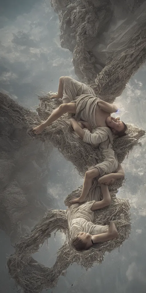 Image similar to intricate concept image of jacob sleeping dreaming angels going up and down in a ladder from earth to heaven, hyper realistic, ultra detail, octane render, cinematic, artstation