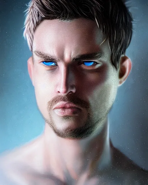 Image similar to portrait of a man in his mid - twenties with dull blue eyes, short dark blond hair, short goatee, ultra realistic, epic, highly detailed, hd, sharp focus, cinematic lighting, realistic, dreamy, vivid colors, dreary, morose, matt painting, digital art, non blurry, sharp, artstation, concept art, smooth, illustration