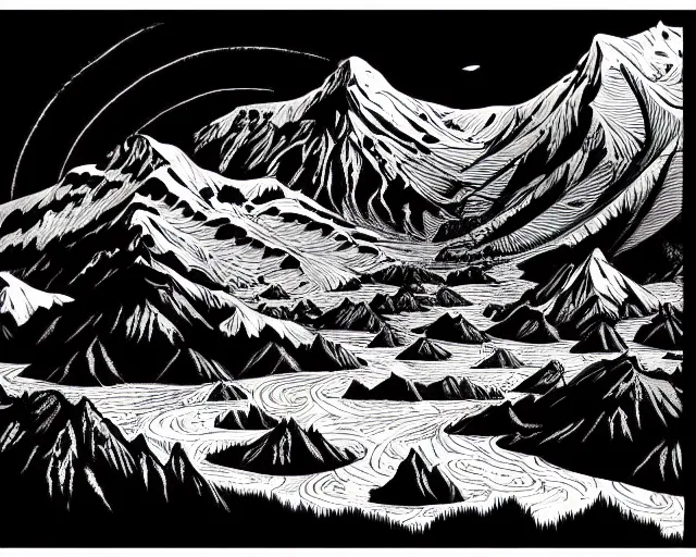 Image similar to impressive fantasy landscape, beautiful line art, ink illustration, pure b&w, engraving illustration, sticker art