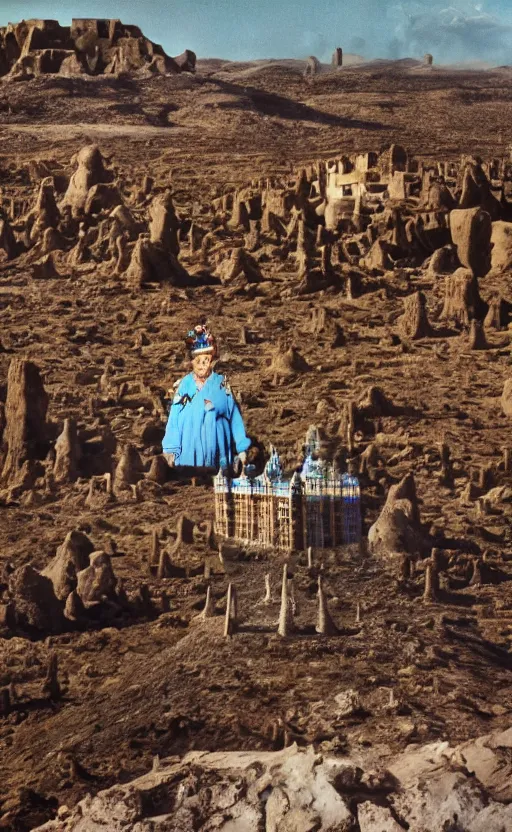 Image similar to salvador dali wearing a great crown with blue jewels in a dry rocky desert landscape, visible sky and sunny atmosphere, alien city ruins in the background, film still from the movie by alejandro jodorowsky with cinematogrophy of christopher doyle and art direction by hans giger, anamorphic lens, kodakchrome, very detailed photo, 8 k