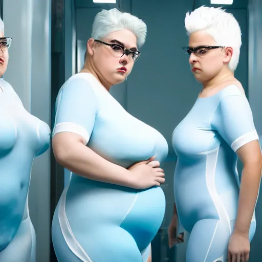 Image similar to formation of determined chubby mustached women with white hair, white hair, tight light blue neopren suits, futuristic production facility, sci - fi, highly detailed, cinematic