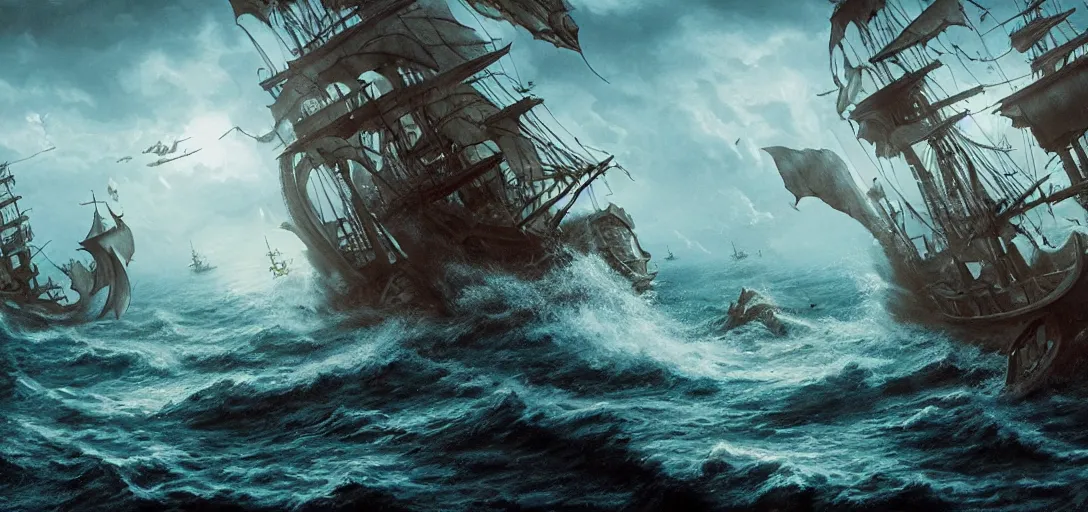 Image similar to sea monster attacking a pirate ship, cinematic, atmospheric, detailed