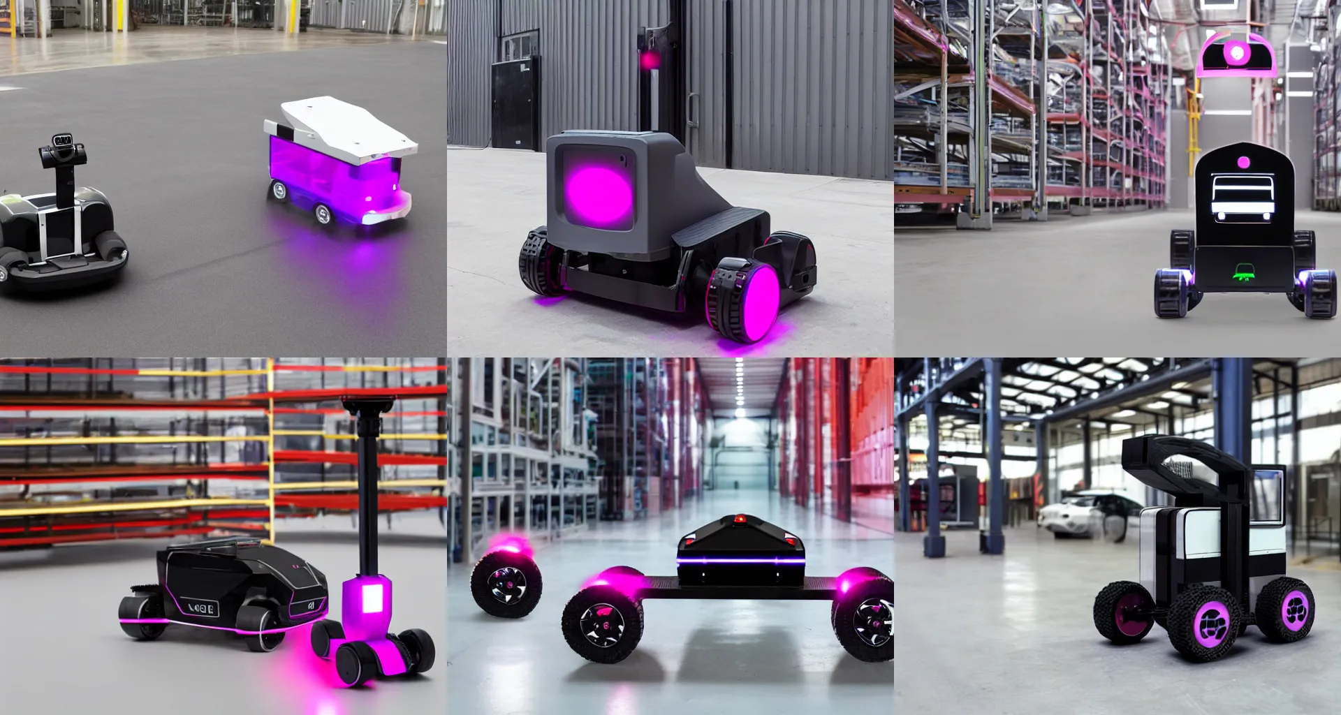 Prompt: flat rectangular autonomous mobile robot, agv driving in an industrial environment, black with magenta led lighting