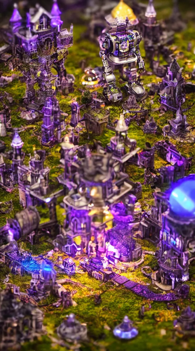 Image similar to robot with purple lights destroying a fantasy castle, professional photo, hdr, bokeh, sci fi, tiny castle, fantasy, small world, toys