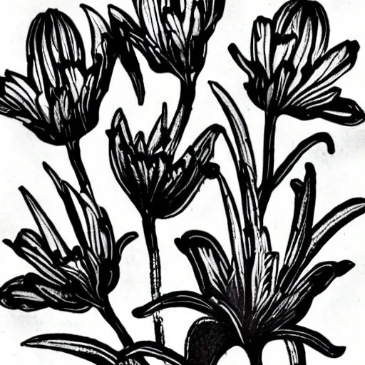 Image similar to azalea flowers in the style of the Voynich manuscript outline tattoo design, black ink on white paper