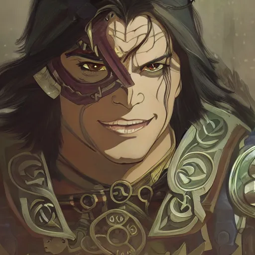 Prompt: half orc cleric, dungeons and dragons, male, wearing eye shadow, ornate armor, steampunk, realistic facial features, highly detailed, illustration, Makoto Shinkai and Studio Ghibli animated film still, by Ilya Kuvshinov and Alphonse Mucha