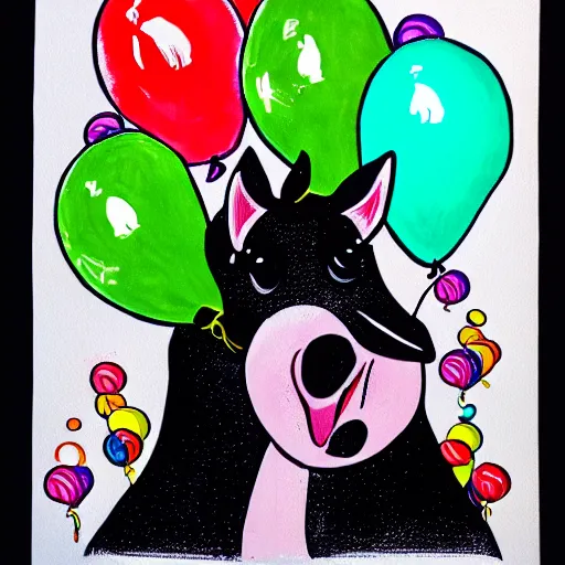 Prompt: unicorn with a smirk popping balloons with its horn, black ink on paper