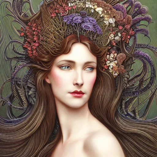 Prompt: facial portrait of a young pretty woman in flowing dress, arrogant, mysterious, long fine flowing hair, delicate, looking at camera, slightly awkward smile, realistic face, hands behind back, intricate, stylish, elegant, grimdark fantasy, flowers, art nouveau, extremely detailed painting inspired by Gerald Brom and Ernst Haeckel and Greg Rutkowski