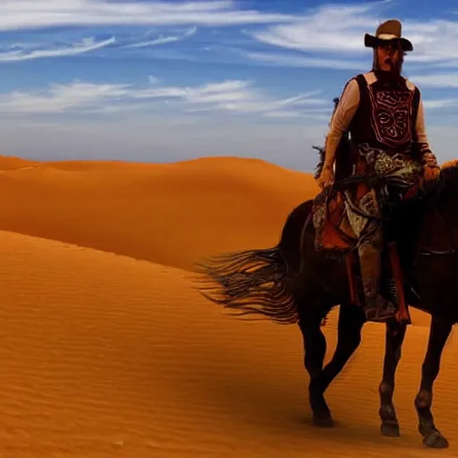 Image similar to gunslinger riding across the desert on a horse