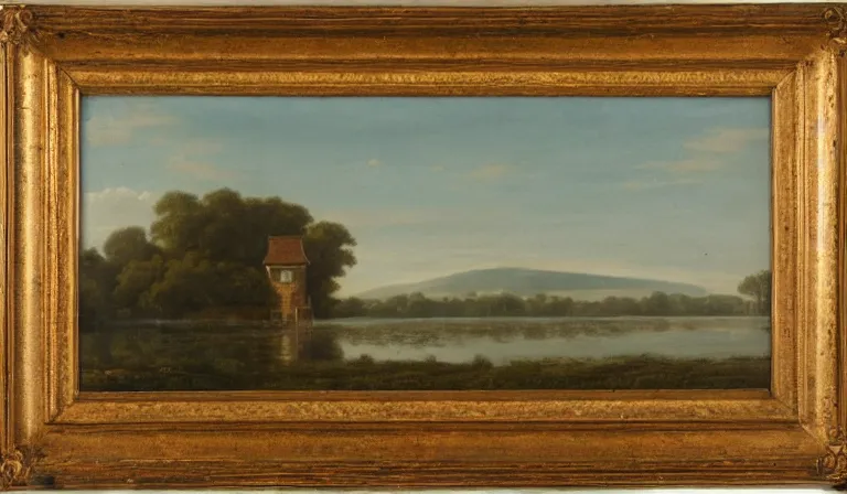 Image similar to A serene landscape with a singular building in the style of John Frederick Kensett.