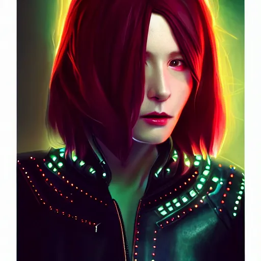 Image similar to pretty young woman with shoulder length shiny shimmering dark red hair and wearing futuristic studded leather jacket with the glow of neon lights illuminating her, path traced, highly detailed, high quality, digital painting, by cd projekt red, cyberpunk, leesha hannigan, makoto shinkai - h 7 0 4