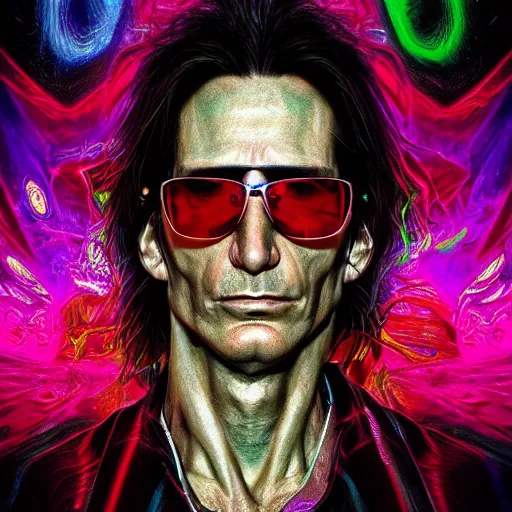 Image similar to photorealistic steve vai. hyperdetailed photorealism, 1 0 8 megapixels, amazing depth, glowing rich colors, powerful imagery, psychedelic overtones, 3 d finalrender, 3 d shading, cinematic lighting, artstation concept art