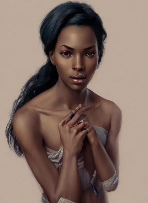 Image similar to portrait of a stunningly beautiful young black woman, highly detailed, digital painting, artstation, concept art, sharp focus, illustration, art by artgerm and greg rutkowski and alphonse mucha, incredibly beautiful and symmetrical face, incredibly detailed, award winning art, royal