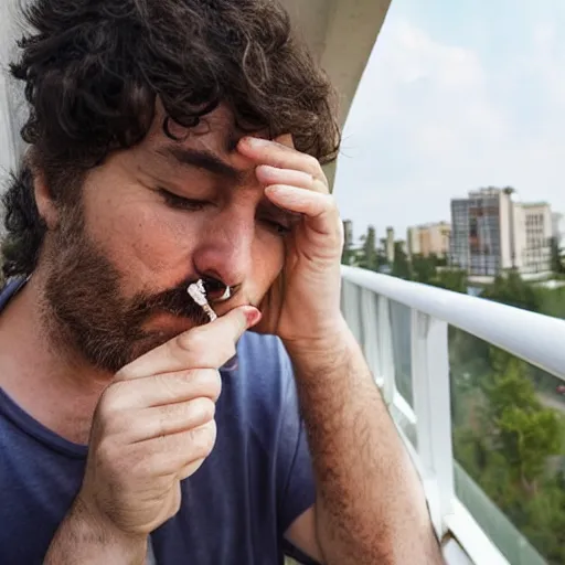 Image similar to a sad guy smoking a joint on a balcony