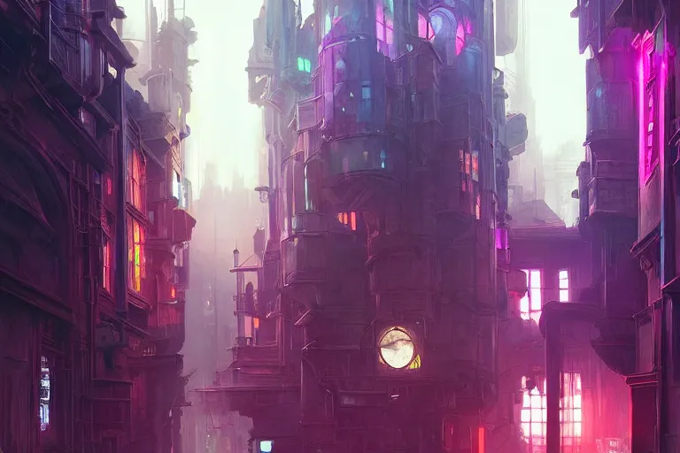 Prompt: Hogwarts cyberpunk city, neon lighting, night city, digital art from artstation by Ruan Jia and Mandy Jurgens and Artgerm and william-adolphe bouguereau and Greg Rutkowski and Wayne Barlowe