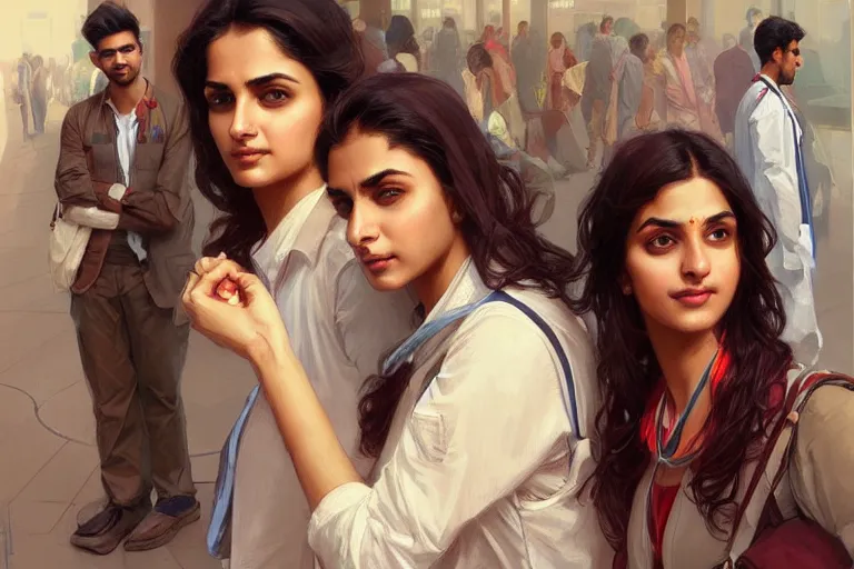 Image similar to Anxious good looking pale young Indian doctors wearing American clothes at the airport, portrait, elegant, intricate, digital painting, artstation, concept art, smooth, sharp focus, illustration, art by artgerm and greg rutkowski and alphonse mucha