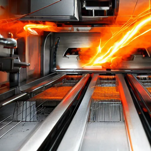 Prompt: line of toaster oven mecha heads on conveyor belt, dark messy smoke - filled cluttered workshop, dark, dramatic lighting, orange tint, sparks, cinematic, highly detailed, sci - fi, futuristic, movie still