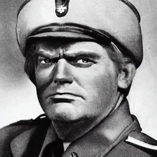 Prompt: a photo of soldier looking like donald trump in world war two, soviet propaganda