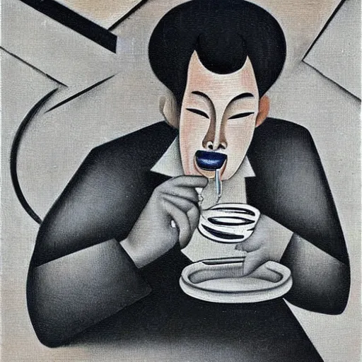 Image similar to surrealist painting, chinese man eating noodles, cubism