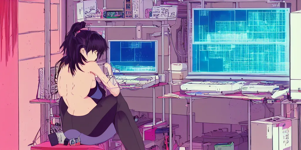 Prompt: cyberpunk hacker girl sitting in underwear at computer in her dirty room, sprite, vaporwave nostalgia, directed by beat takeshi, visual novel cg, 8 0 s anime vibe, kimagure orange road, maison ikkoku, sketch by osamu tezuka, directed by makoto shinkai and beat takeshi