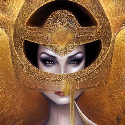 Image similar to a beautiful woman wearing a white niqab made of silk with golden jewelry and diamonds by alex gray and android jones, karol bak, ayami kojima, arabian, concept art, fantasy