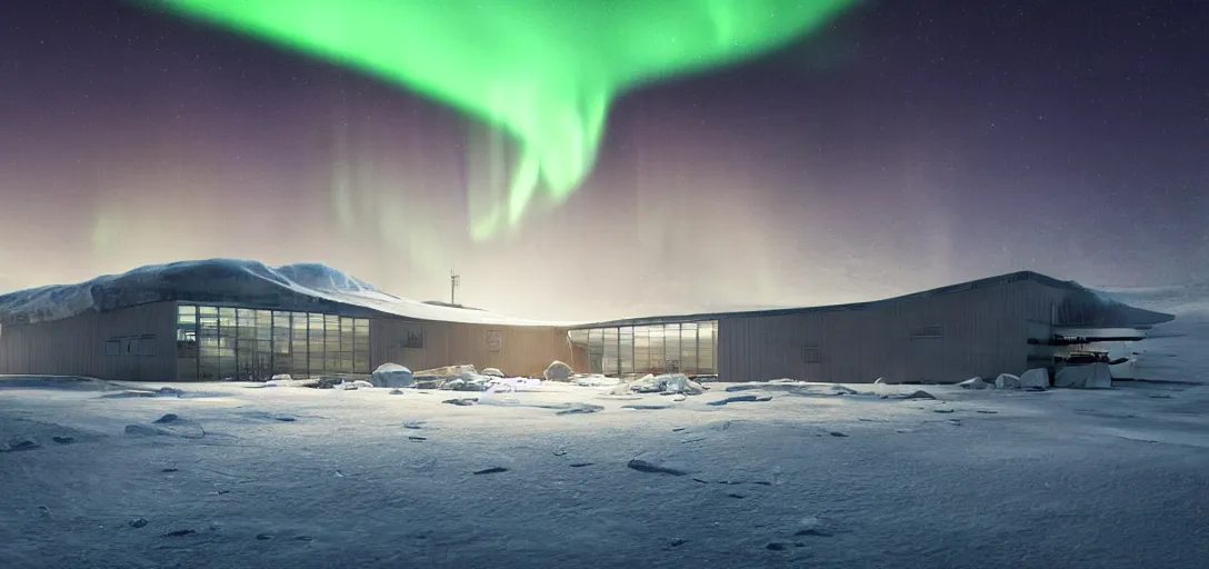 Image similar to modern research facility in the arctic at night, northern lights, aurora borealis, dramatic lighting, cinematic, establishing shot, extremely high detail, photo realistic, cinematic lighting, post processed, concept art, artstation, matte painting, style by eddie mendoza, raphael lacoste, alex ross