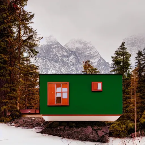 Image similar to wes anderson style modern futuristic cosy house near the lake, snowy mountains and green forest, cinematic, realism, photo, detailed