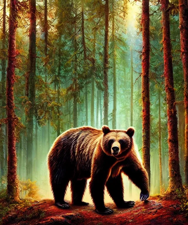 Image similar to a realistic brown bear, walking through a psychedelic forest, wide angle landscape shot, pixar style by tristan eaton, artgerm and tom bagshaw