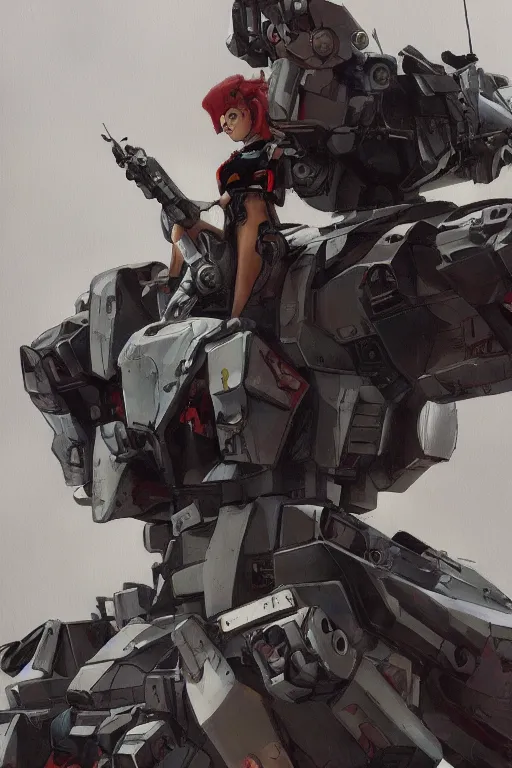 Image similar to Tank girl sitting on top of a Gundam robot mecha head, elegant, highly detailed, digital painting, artstation, concept art, smooth, flat brush strokes, illustration painted by Ashley wood and Bill Sienkiewicz, balanced composition, medium closeup