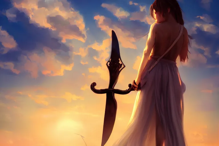 Image similar to back shot of one single beautiful girl in sundress gazing back, holding two swords, digital art by wlop. artstation contest winner, cinematic paint. lower shot. dramatic cloud in background. sunset