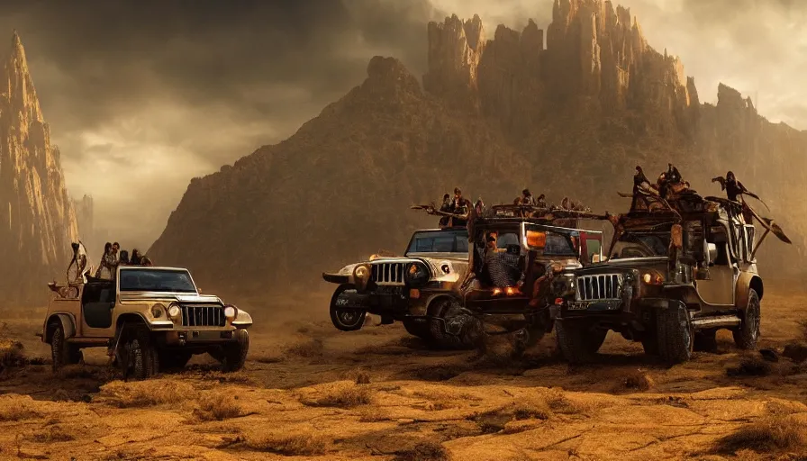 Image similar to Mahindra thar, tribe members attacking, action scene, an epic fantasy, dramatic lighting, cinematic, establishing shot, extremely high detail, photorealistic, cinematic lighting, artstation, matte painting, by christopher nolan, horizon forbidden west