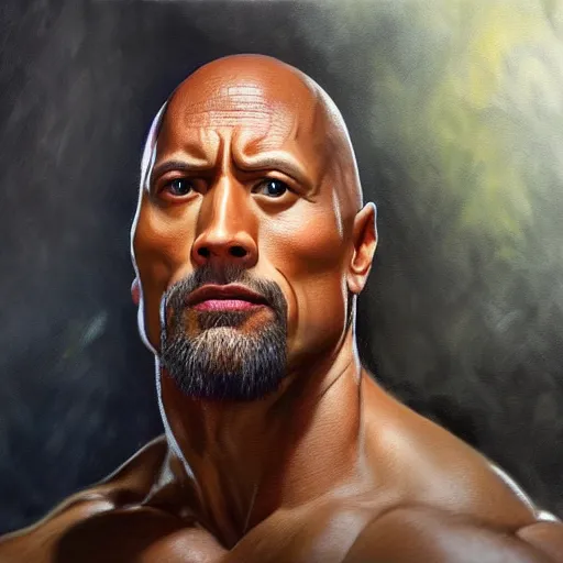 Image similar to ultra realistic portrait painting of dwayne johnson, art by frank frazetta, 4 k, ultra realistic, highly detailed, epic lighting