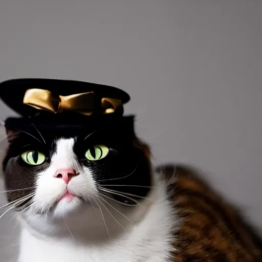 Prompt: A cat wearing a hat and has a miniature bow tie, hyper realistic, HD, HQ, photo realistic